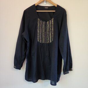 Contempo Tunic Blouse Top Beaded Black Women Sz 20/2XL Lagenlook Costal Tropical